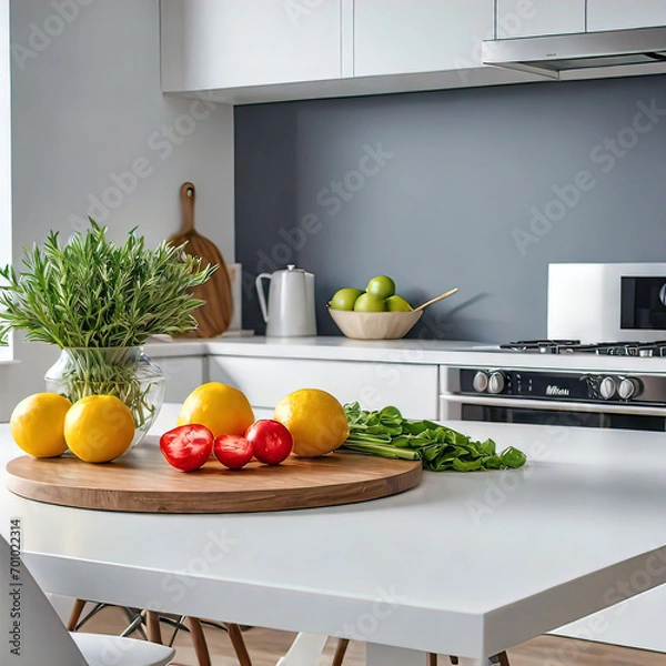 Obraz kitchen table for demonstrating products with modern kitchen interior, concept of cooking food from natural products, kitchen panorama,