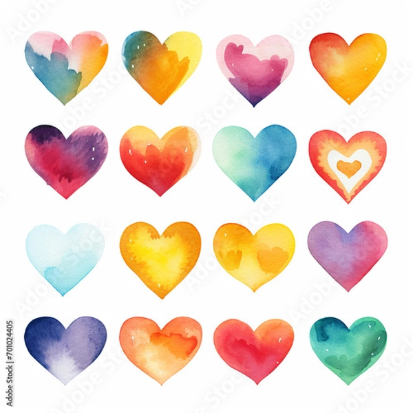 Fototapeta Watercolor clip art of colorful hearts on white background. Generative AI