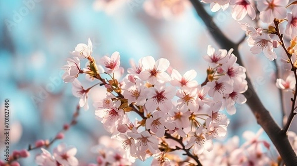 Obraz Springtime Bliss: Cherry Blossoms with Bright Blooms Under Light Blue Sky, Space for Text