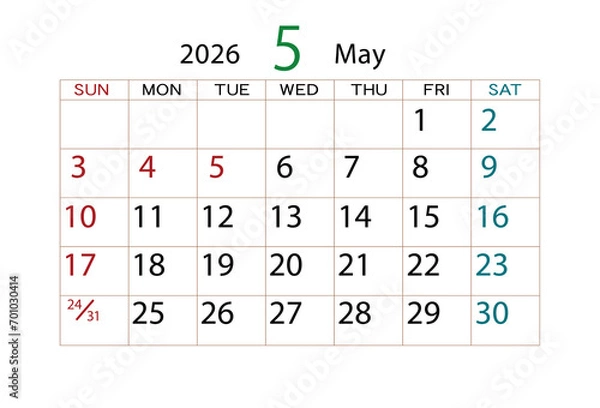 Obraz 2026年カレンダー5月