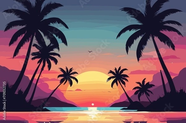 Obraz Tropical sunset with palm trees flat vector illustration. Generative AI