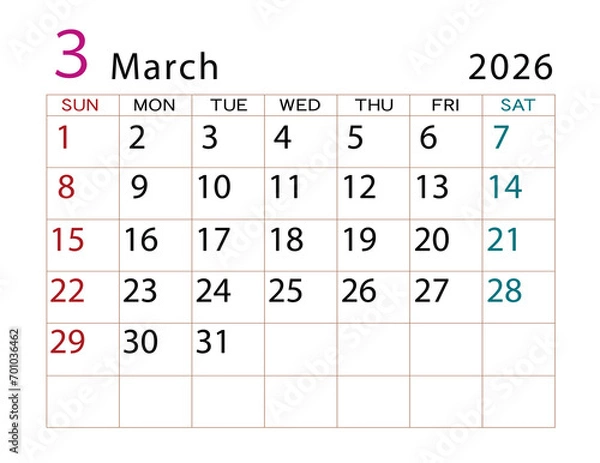 Fototapeta 2026年カレンダー　3月	