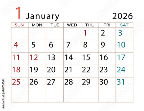 Fototapeta 2026年カレンダー　1月	