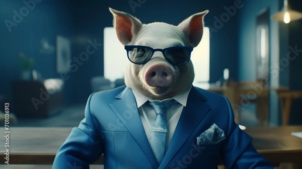 Fototapeta This is how you dress a mean pig in a blue suite.Generative AI