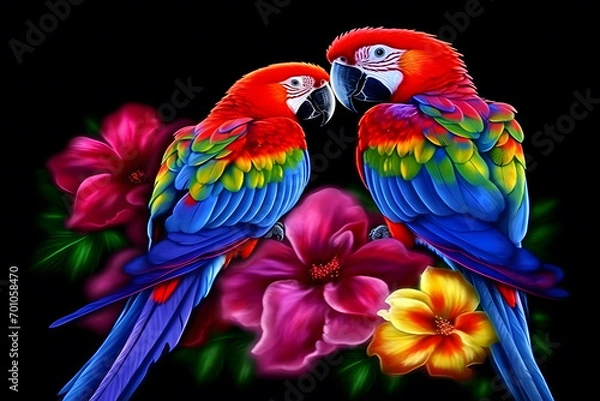 Fototapeta beautiful rainbow parrots and flowers on a black background. Neural network AI generated art