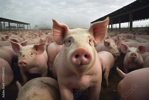 Fototapeta Pig breeding farm building with a lot of curious animals