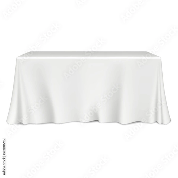 Fototapeta Table covered with white blank tablecloth realistic vector mock-up. Mockup template for design