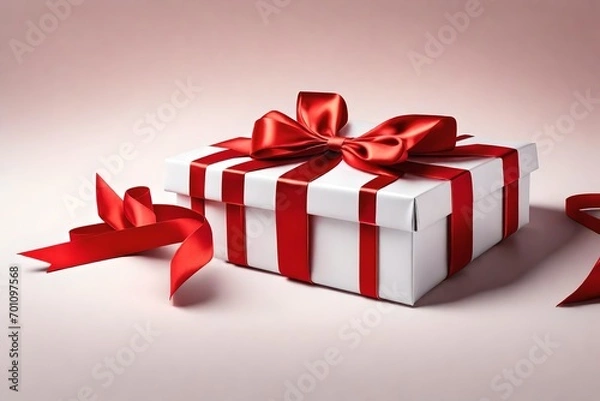 Fototapeta Create an exquisite 3D rendering of an open red gift box, adorned with rich red ribbons and a perfectly tied bow, elegantly isolated on a pristine white background.

