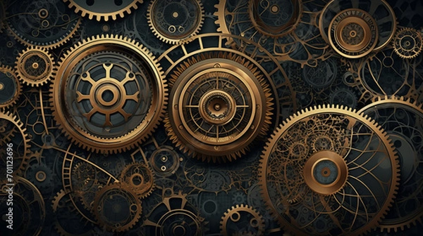 Fototapeta time machine: vintage clockwork gears in seamless metal patter, generative AI