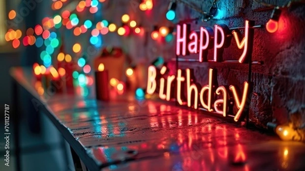 Fototapeta A modern and stylish design with neon lights spelling out "Happy Birthday" against a dark background. simple cartoon happy birthday background with the inscription "happy birthday" on it