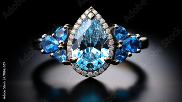Fototapeta Blue Engagement Ring - Wedding Bells and Teardrop Center Stone with halo and six side gems in blue topaz and sapphire 