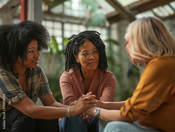 Fototapeta Asian and African women unite in a diverse and friendly group therapy session, offering support and empathy to overcome challenges. Smiling, they find solace and reconciliation as they hold hands