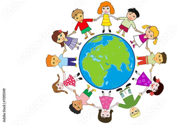Obraz Children holding for hands around planet