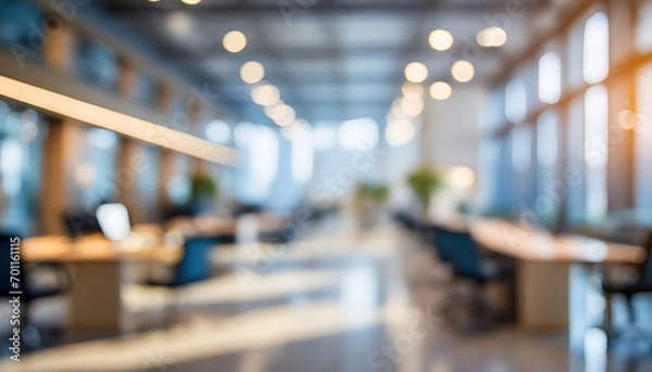 Fototapeta Blurred empty open space office. Abstract light bokeh at office interior background for design.