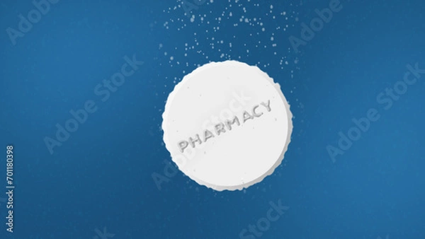 Fototapeta Effervescent Tablet with Pharmacy Text Dissolving in Water