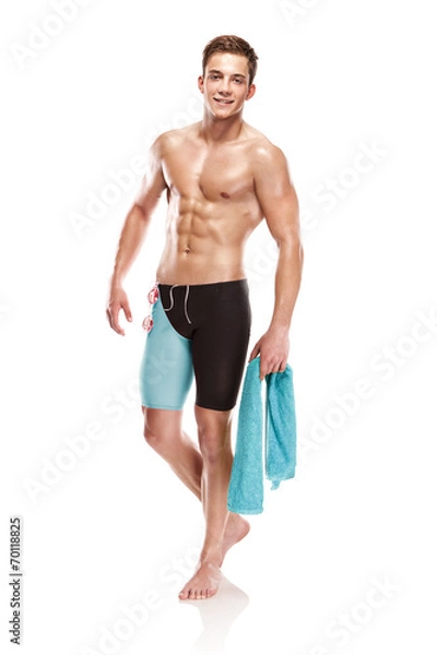 Obraz Young attractive caucasian man swimmer with goggles and towel