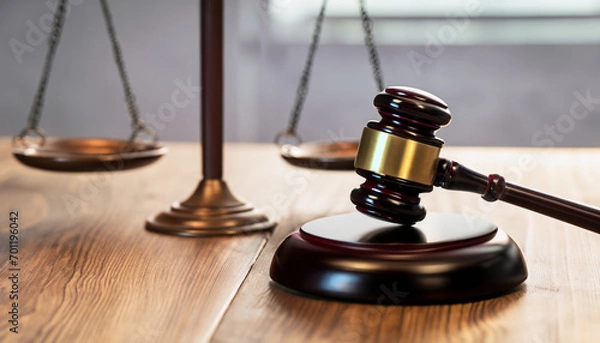 Fototapeta Close-up Of Gavel In Front Of Justice Scale On Wooden Desk