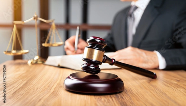 Fototapeta Close-up Of Gavel In Front Of Justice Scale On Wooden Desk