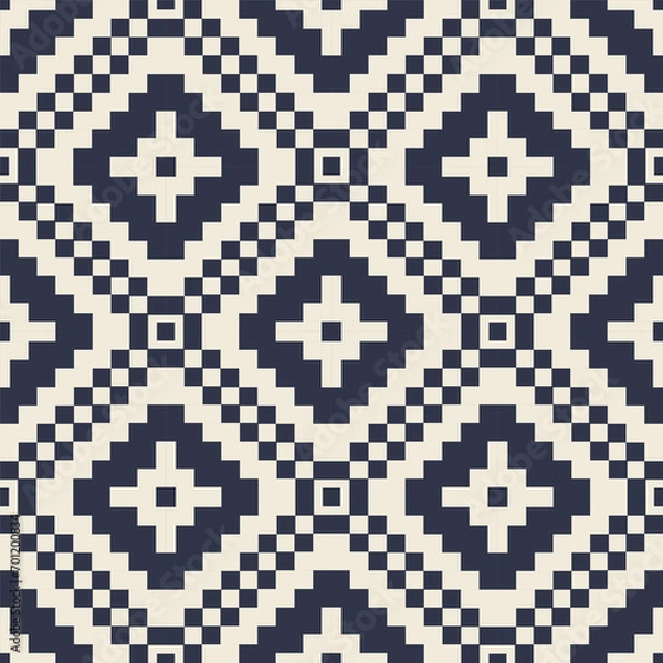 Fototapeta Aztec kilim geometric embroidery cross stitch pattern. Vector blue-white geometric shape seamless pattern. Ethnic geometric pattern use for fabric, textile, home decoration elements, upholstery, etc.