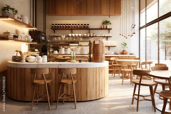 Fototapeta Interior design of cafe with wooden vintage style, decorated with warm and cozy tones, relaxing tones with classic old wood round corner counter and coffee machinery.