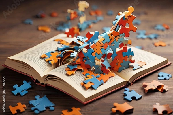 Fototapeta Moving puzzle from book Symbolizes dyslexia concept. Ideal for educational visuals, understanding learning differences.