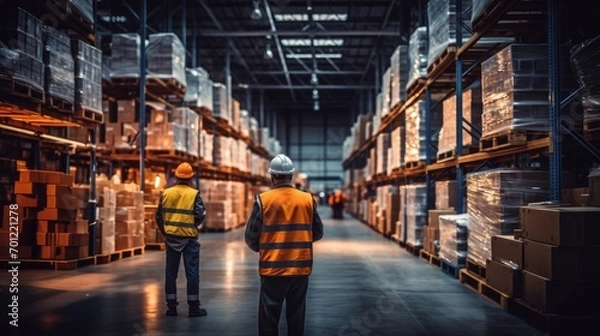 Obraz Unrecognizable people working in store warehouses checking stock full of cardboard boxes on shelves, foreman workers teamwork wearing hard hats standing in storage cargo or factory with safety vest