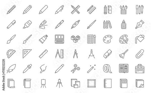 Obraz Drawing tools line icon set. Pencil, ruler, eraser, liner marker, highlighter, sketchbook, notebook, paintbrush minimal vector illustrations. Simple outline signs for stationery. Editable Stroke