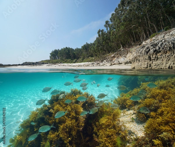 Obraz Beach coastline and fish with algae underwater in the Atlantic ocean, split view half over and under water surface, Spain, Galicia, Rias Baixas, natural scene