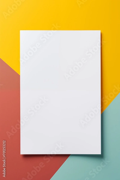 Fototapeta Blank white sheet of paper on a colorful child's desk for drawing, coloring, homework or painting mock up background. Generative Ai.