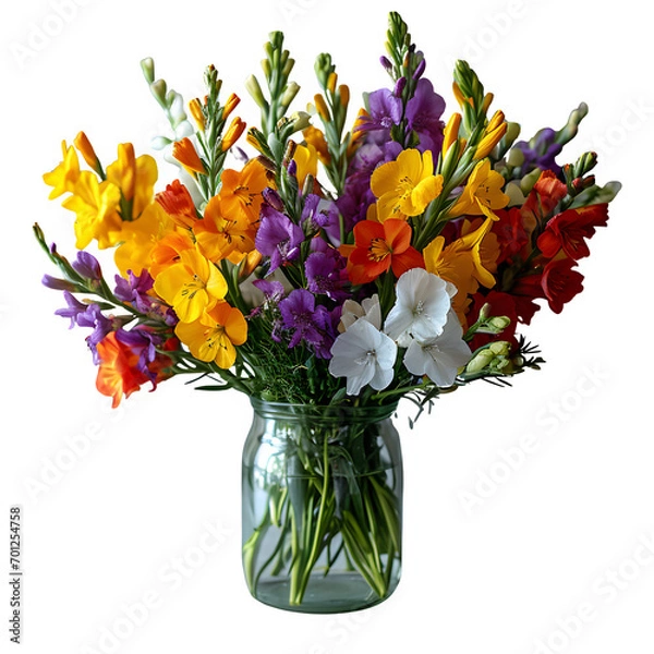 Obraz Spring freesias in the vase High quality isolated on transparent background Generative AI	