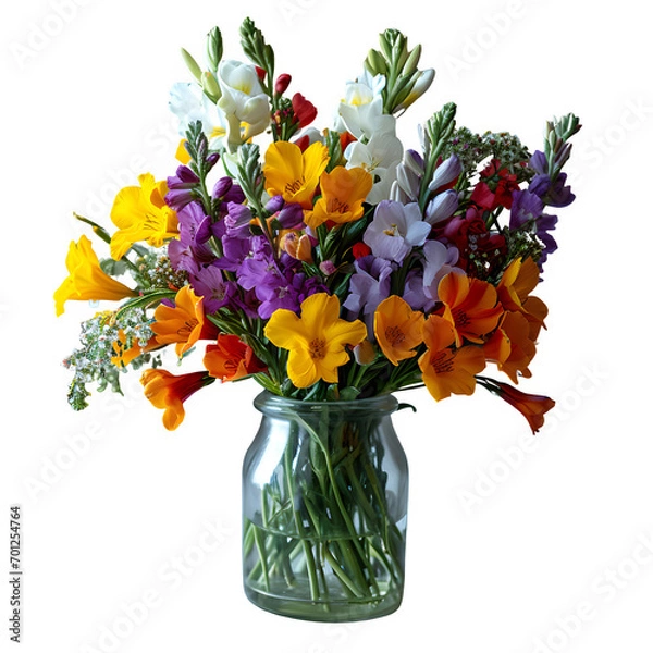 Fototapeta Spring freesias in the vase High quality isolated on transparent background Generative AI	