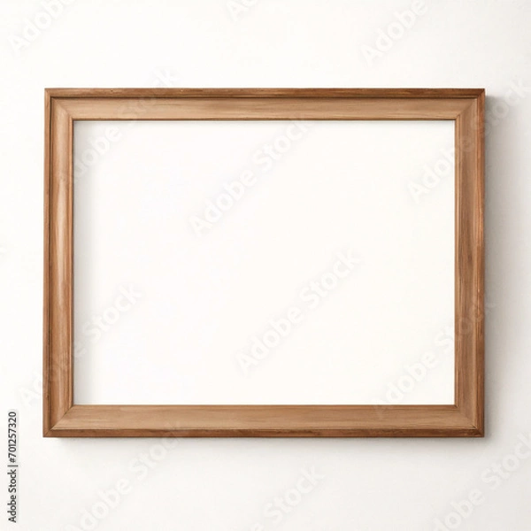 Obraz Fotomodell mit Holzrahmen an der Wand. Modell eines Bilderrahmens aus Holz. Horizontaler Rand mit Schatten. Leerer Fotorahmen A4 an der Hintergrundwand. Rand für Designdrucke, Poster und Gemälde. Vekt