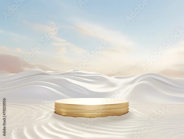 Fototapeta 3d rendering of a golden circle stage in the snow field.