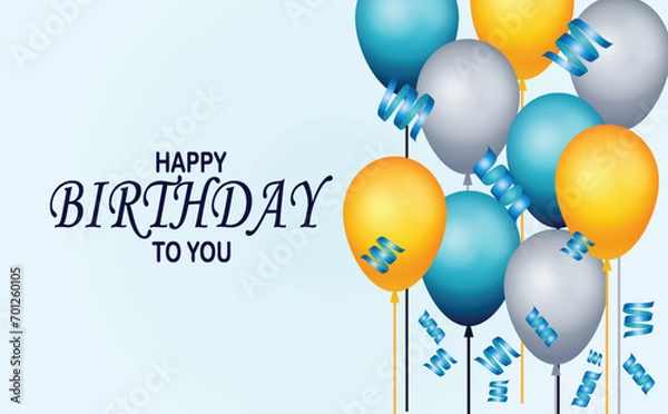 Fototapeta Happy Birthday greeting card. Happy birthday to you text with balloons and confetti decoration element for birth day celebration greeting card design. Vector illustration
