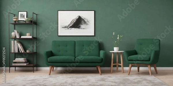 Fototapeta Green living room with armchair and mockup frames.