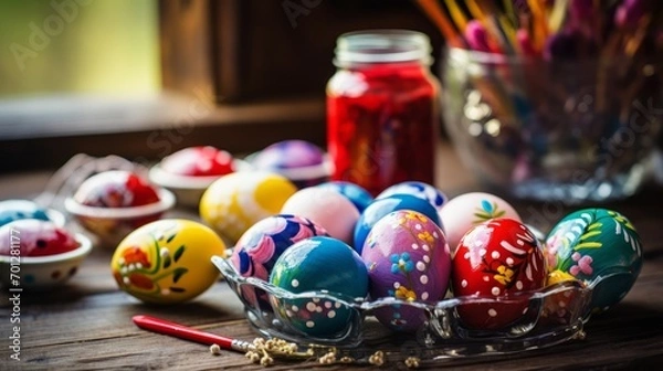 Fototapeta Happy Easter! Painting eggs. Paints, felt-tip pens, brushes, decorated eggs on table. Family preparing for Easter. Selective focus.