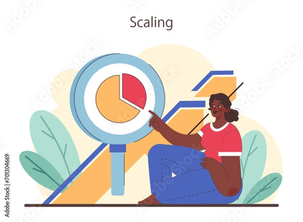 Fototapeta Scaling concept. Woman analyzes pie chart growth, business performance metrics. Data visualization, evaluation, business progress. Flat vector illustration.