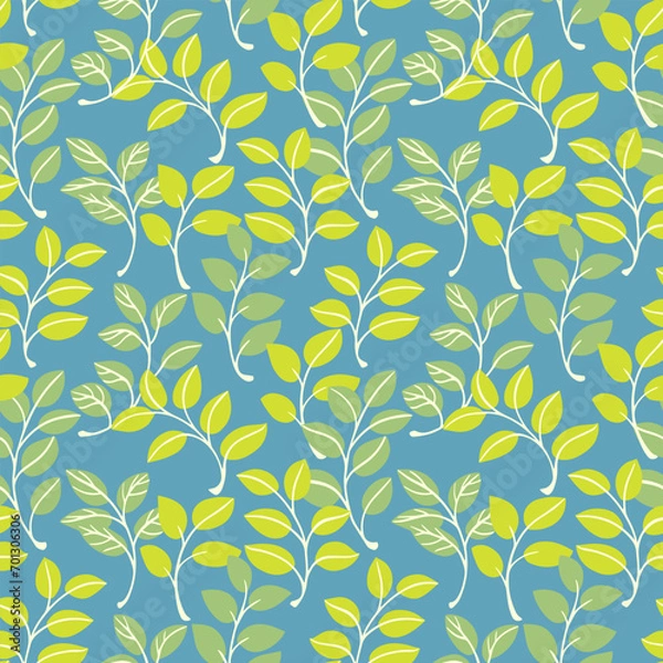 Fototapeta Simple abstract  green cute branches leaves intertwined in a seamless pattern on a blue background. Vector hand drawn sketch doodle leaf stems print. Template for design, fabric, fashion, wallpaper