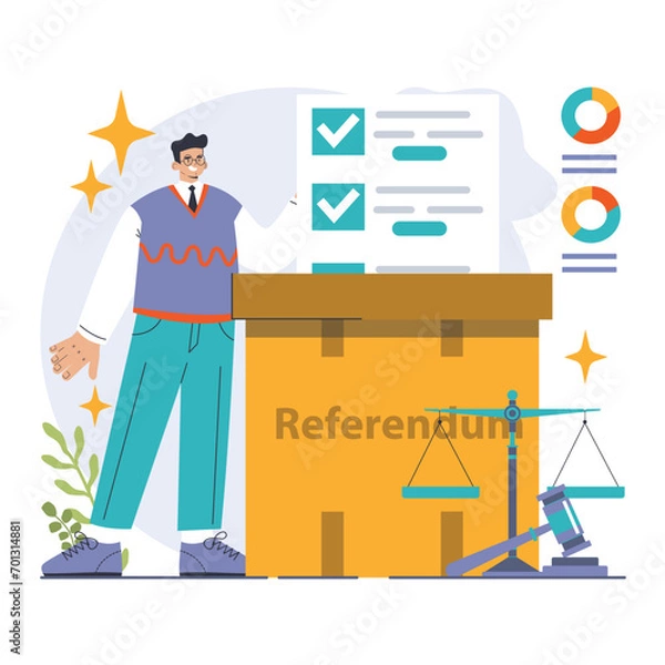 Fototapeta Election. Democratic procedure, citizens choosing political party or candidate by the electoral process. Character checking a ballot on a referendum. Flat vector illustration
