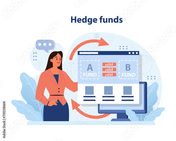 Fototapeta Hedge funds concept. Professional woman presents diverse portfolio metrics on screen. Performance analysis, diversified assets. Flat vector illustration