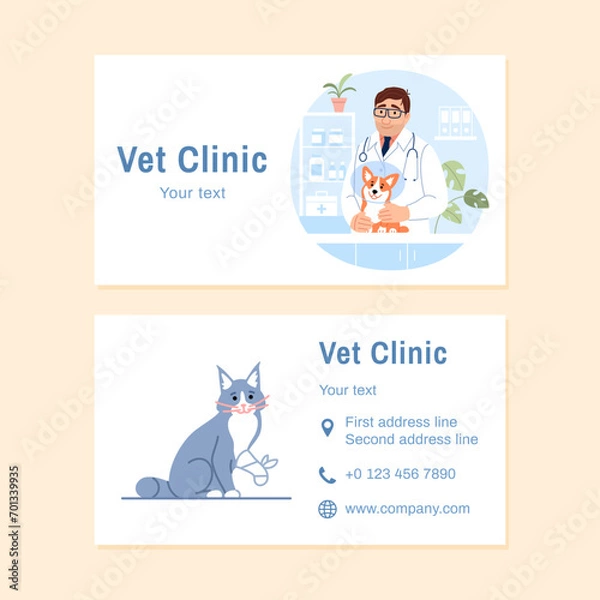 Fototapeta Veterinary visit card design template with text copy space. Young male veterinarian with dog in protective cone and cat with injured paw business card Flat line vet clinic creative vector illustration
