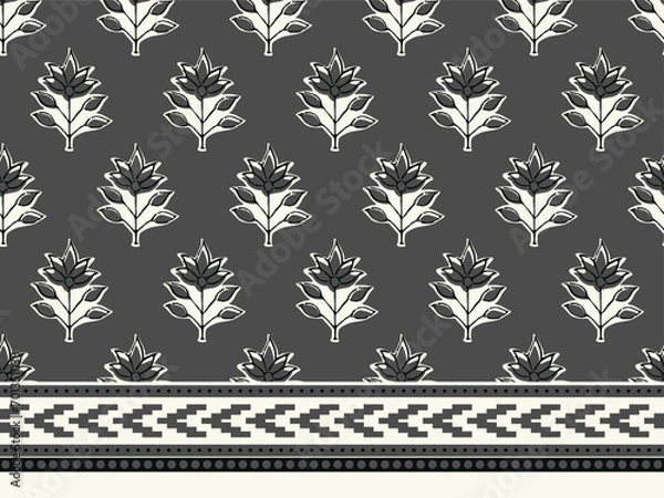 Fototapeta MONOCHROME SPRIG FLORAL WITH BORDER AJRAKH PATTERN AND BLOCK PRINT PATTERN BATIK PRINT BACKGROUND DIGITAL PRINTING TEXTILE PATTERN