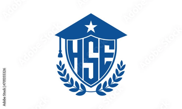 Fototapeta HSE three letter iconic academic logo design vector template. monogram, abstract, school, college, university, graduation cap symbol logo, shield, model, institute, educational, coaching canter, tech