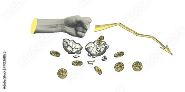 Fototapeta Collage with halftone-style hand statue Minimalist finance-themed money crisis metaphor concept Idea for banner composition with broken piggy bank, coins and fist Cutouts magazine. Vector illustration