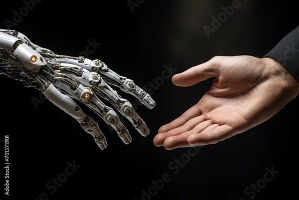 Fototapeta Human hand reaching for robot hand on black isolated background. The concept of artificial intelligence helping people. Development of AI and robotics technologies