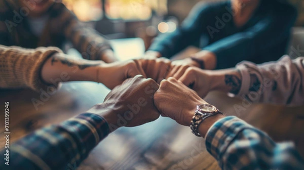 Fototapeta A team of professionals in a meeting showing unity by joining fists together in a circle, symbolizing collaboration and mutual support in a business or work environment.