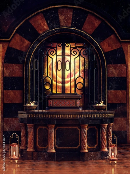 Fototapeta Fantasy scene with a steampunk temple with an altar, fire burners and lamps. Made from 3d elements and painted parts. No AI used. 