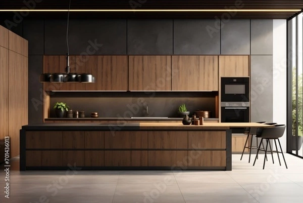 Fototapeta A modern and modular kitchen in a luxurious and spacious apartment