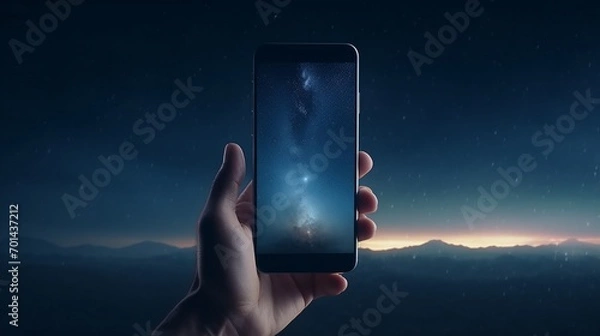 Fototapeta A female hand embraces a mobile device, its screen a window to countless possibilities.