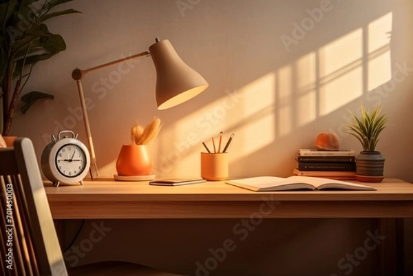 Fototapeta A study table with lamp, table, and chair
